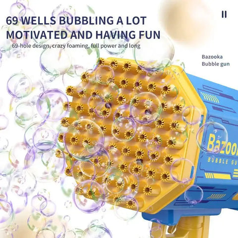 Urban Souk LED bubble gun for kids with 69-hole design producing numerous bubbles in blue and yellow