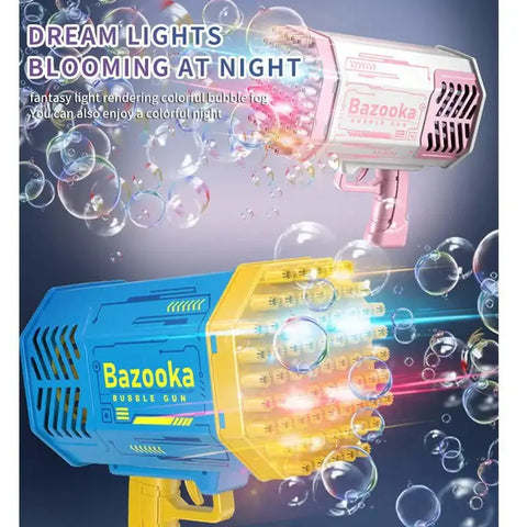 Urban Souk LED bubble gun for kids in blue and pink colors creating colorful bubbles at night
