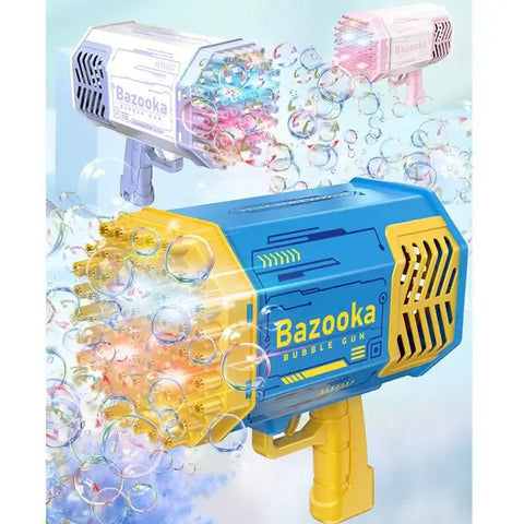 LED bubble gun for kids in blue, pink, and white colors with vibrant bubbles shooting out