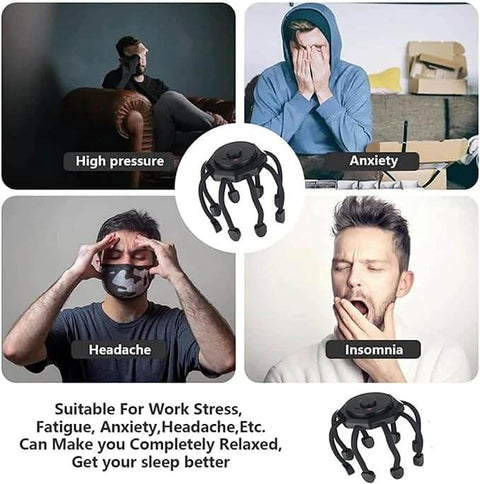 Cordless scalp massager for relaxation shown with benefits for anxiety headache insomnia and stress relief